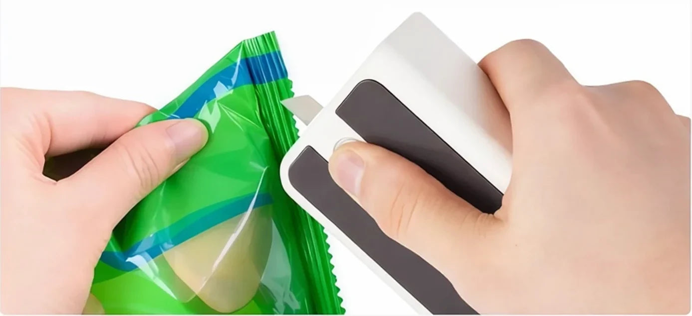 Original reference image of SnapLock's built-in cutter opening a snack bag