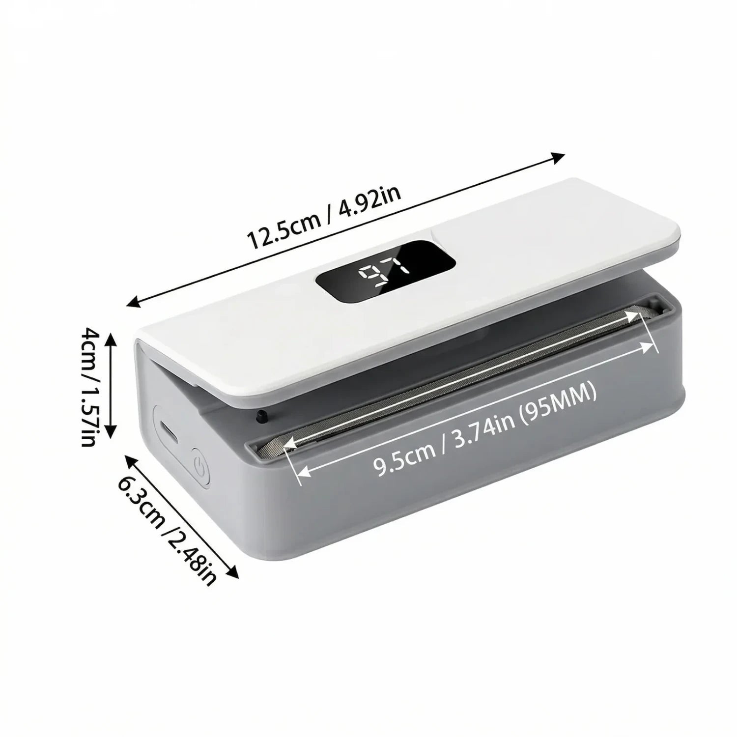 Original dimension reference: 12.5 cm by 6.3 cm by 4 cm with 9.5 cm sealing strip